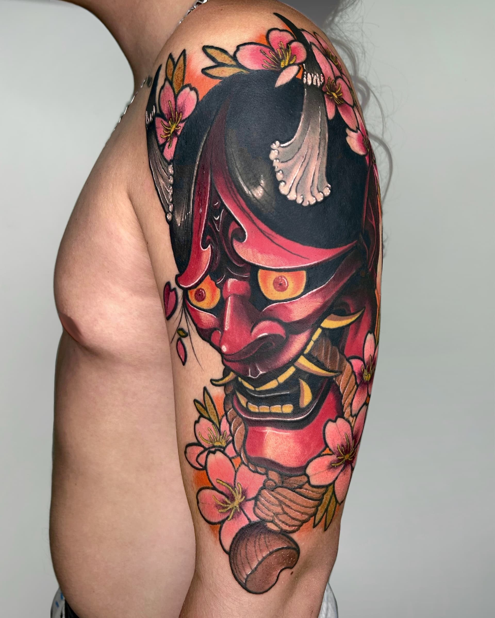 Featured Japanese hannya mask with cherry blossoms by Seth Zuiev — Vancouver neo-traditional tattooing