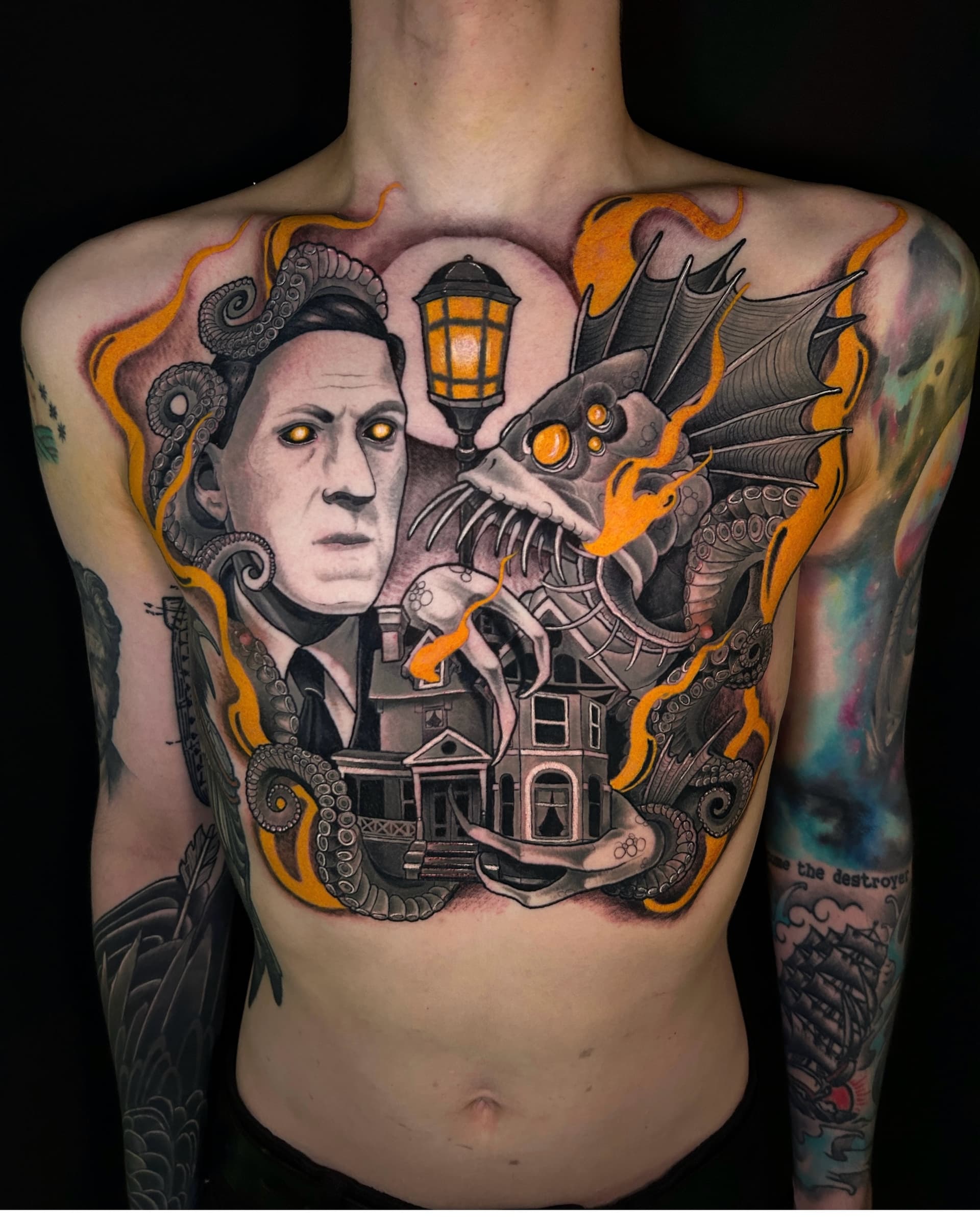 H.P. Lovecraft horror chest tattoo with tentacles and lantern — Vancouver neo-traditional artist Seth Zuiev