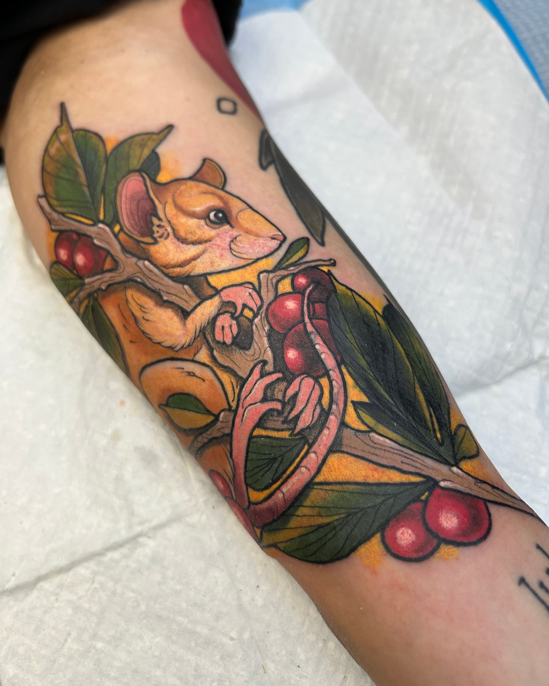 Whimsical mouse and berries tattoo by Vancouver artist Seth Zuiev — vibrant neo-traditional nature design